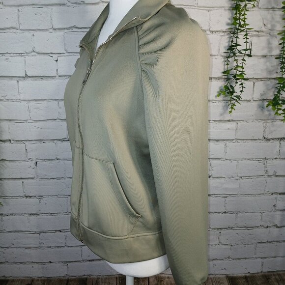 WOMENS DKNY OLIVE ZIP UP JACKET,  SHOULDERS ARE GATHERED, CUFFED SLEEVES SIZE S - Picture 2 of 10